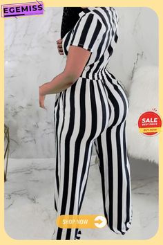 Casual Striped Split Joint Turndown Collar Straight Jumpsuits Cute Jumpsuit, Wrap Jumpsuit, Flare Jumpsuit, Short Sleeve Jumpsuits, Summer Essential, Long Sleeve Jumpsuit, Casual Stripes, Beautiful Clothes, Turndown Collar