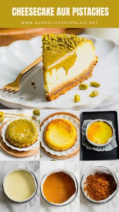 there are many different types of cheesecakes on the plate with their toppings