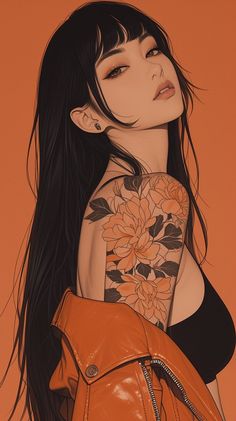 a drawing of a woman with long black hair and tattoos on her back, holding an orange purse