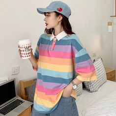 Cute Pastel Rainbow Striped Polo Shirt – Tomscloth Cotton Collared Top With Color Matching, Collared Cotton Top With Color Matching, Multicolor Collared Top With Color Matching, Multicolor Relaxed Fit Half Sleeve Top, Multicolor Half Sleeve Relaxed Fit Top, Kidcore Fashion Pastel, Multicolor Oversized Short Sleeve Tops, Colorful Oversized Casual Top, Striped Cotton Half Sleeve Tops