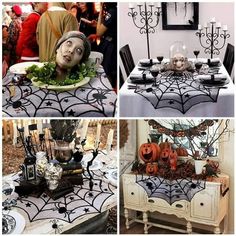 halloween decorations are displayed on tables and in front of the tablecloths, with pumpkins