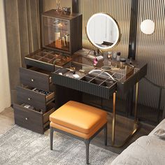 a vanity with drawers and a stool in front of it, next to a mirror