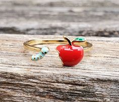 Apple & Worm Ring. Adjustable. Gift For Birthday, Christmas, Gifts For Her, Gift For Mom, Kids by TreeTownPaper on Etsy Red Novelty Jewelry For Birthday, Adjustable Fun Rings For Gifts, Cute Red Ring For Gift, Cute Red Ring As Gift, Fun Handmade Rings For Gifts, Fun Handmade Rings As Gifts, Handmade Fun Rings As Gifts, Cherry Blossom Ring, Hummingbird Jewelry