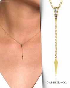 A simple Y knot necklace with a sweet touch of 0.03ct diamonds in the center. The lariat design drops down to a polished 14k yellow gold spike pendant. Layer this lariat necklace with other styles or wear it alone for a delicate minimalist look. NK5434Y45JJ #GabrielNY #DiamondJewelry #FineJewelry #GabrielAndCo #UniqueJewelry #FineJewelry#FashionJewelry#UniqueJewelry#GiftIdeas#UniqueGifts#DiamondJewelry#Jewelry  #Necklace#YellowGoldFashionNecklace#YellowGoldNecklace#GoldNecklace#FashionNecklace Timeless Formal Necklace With Detachable Pendant, Formal Dangle Drop Necklace In Fine Jewelry Style, Formal Fine Jewelry Dangle Drop Necklace, Formal Drop Dangle Necklace In Fine Jewelry Style, Formal Fine Jewelry Necklace With Detachable Pendant, Elegant Long Drop Chain Necklace For Formal Occasions, Elegant Necklace With Delicate Chain And Long Drop, Timeless Diamond Necklace With Detachable Pendant, Elegant 16 Inch Pendant Jewelry