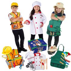 three children dressed in construction gear and hats