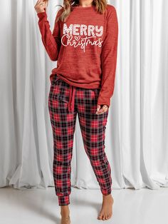 Fiery Red MERRY Christmas Graphic Top Plaid Pants Set Material: 97% Polyester + 3% Elastane Style: Casual Color: Red Pattern: Plaid Neckline: Round Neck Silhouette: Shift Sleeve Length: Long Sleeve Waist Line: High Waist Occasion: Home, Daily This fiery red MERRY Christmas graphic top paired with plaid pants set is the ultimate outfit to spread holiday cheer and stay cozy during the winter season. Crafted from a skin-friendly fabric blend, this lounge set includes a long-sleeved top featuring a Merry Christmas Graphic, Two Piece Loungewear, Red Plaid Pants, Christmas Look, Comfortable Pajamas, Christmas Graphic, Plaid Pajamas, Holiday Pajamas, Graphic Top