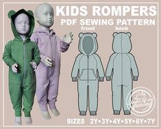 "THIS IS A SEWING PATTERNS AND NOT A READY TO WEAR  PRODUCT. Pattern a  hooded Kids Romper features a front zip fastening and long raglan sleeves finished with an elasticated hem or knitted cuffs at the wrists. You can choose the style of the ears.   THIS LISTING INCLUDES PACK SIZES KIDS 2Y, 3Y, 4Y, 5Y, 6Y, 7 YEARS SO YOU CAN SELECT ONLY THE SIZE YOU WANT TO PRINT. You will receive an email from \"Etsy\" wish a link to download the files right after payments. The Digital files will automatically Boys Sewing Patterns Free, Pattern Overalls, Boys Clothes Patterns, Kids Rompers, Toddler Sewing Patterns, Boys Sewing Patterns, Romper Sewing Pattern, Baby Clothes Patterns Sewing, Boy Sewing