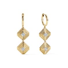 These earrings feature a captivating combination of luxurious gold and mesmerizing Asscher-cut diamonds. The double drop elements create movement, enhancing the overall allure of the earrings. Available in 14K Yellow Gold Diamond weight = 0.60 carats total Diamond Quality = GH, VS Asscher size = 11mm each Earring length = 37mm Luxury Gold-plated Drop Danglers, Luxury 22k Gold Danglers, Luxury 14k Gold Diamond Drop Earrings, Luxury Polished Diamond Drop Earrings, Asscher Cut Diamond, Diamond Cocktail Rings, Asscher Cut, Jewelry Lookbook, Band Bracelet