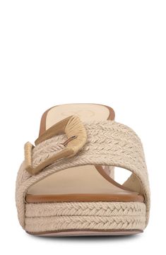 An oversized buckle details the vamp of an espadrille-inspired slide sandal lifted by a jute-wrapped platform and block heel. 3" heel; 3/4" platform Textile upper/synthetic lining/rubber sole Imported Vacation Block Heel Wedge Sandals With Heel Loop, Chic Vacation Mules With Wooden Heel, Chic Mules With Wooden Heel For Vacation, Vacation Block Heel Shoes With Buckle Closure, Beige Summer Mules With Heel Strap, Spring Straw Mules With Open Toe, Chic Open Heel Espadrilles For Vacation, Casual Straw Heels With Heel Strap, Summer Espadrille Wedge Sandals With Buckle Closure