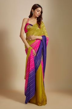 Mustard, multi colored saree in ombre effect. Comes with multi colored hand embroidered blouse. - Aza Fashions Festive Multicolor Pre-draped Saree With Unstitched Blouse, Fusion Style Multicolor Pre-draped Saree For Wedding, Fitted Multicolor Pre-draped Saree For Festive Occasions, Fitted Multicolor Pre-draped Saree For Festive Season, Festive Multicolor Fitted Pre-draped Saree, Festive Fitted Multicolor Pre-draped Saree, Multicolor Pre-draped Saree With Zari Work, Multicolor Pre-draped Saree With Dupatta, Multicolor Fitted Bollywood Pre-draped Saree