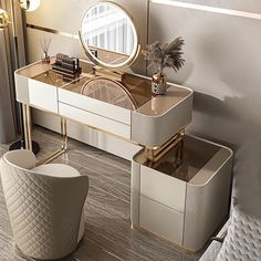 an elegant dressing table with mirror and stool