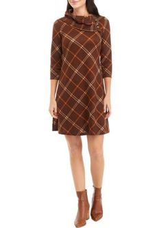 Donning a preppy plaid print, this cozy A-line dress from Sandra Darren is a must-have for your fall wardrobe. | Sandra Darren Women's Cozy Envelope Neck Plaid Hacci A-Line Dress, Small Fitted A-line Plaid Dress For Fall, Casual Plaid Dress For Fall, Casual Brown Plaid Dress For Fall, Long Sleeve Brown Plaid Dress For Fall, Fall Plaid Dress For Workwear, Plaid V-neck Winter Dress, Winter Plaid V-neck Dress, Fall Plaid V-neck Dress, Fitted Brown Plaid Dress For Fall