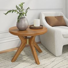 a living room with a chair, table and potted plant on the coffee table