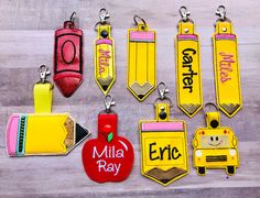 This listing is for one key chain. 1.Red Crayola   size:2x5''  I can make in any different color.  Made of vinyl Picture  I can add name. 2.Small pencil (Mila)  size:1''x4''  Made of glitter yellow vinyl.   3.Medium Pencil (The one in the middle)  size:2x5''  Made of marine vinyl   I can add name. 4.Long pencil (Carter,Miles)  size:1x6''  Made of marine vinyl  I can add name 5.Red apple I can add name 6.School bus  size: 3 x 3.5'' 7. Notebook  size: 2.5 x 4'' I can add name 8.Crayola beg  size:2 Backpack Name Tags Diy, Bus Tags For Backpacks, Customized Multicolor Keychains For School, Backpack Name Tags, Name Tag Keychain, Apple Keychain, Backpack Tags, Personalized Pencils, Luggage Tag