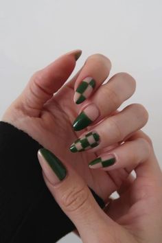 Checkered Nails DIY Are Now Trending On Pinterest Gel Nails Long, Dark Green Nails, October Nails