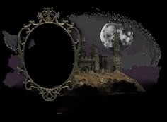 an ornate frame with a castle in the background and a full moon behind it,