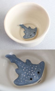 two bowls with different shapes and sizes of animals in them, one is blue and the other has white speckles