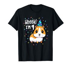 a black t - shirt with an orange and white corgi wearing a party hat