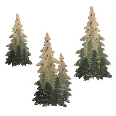 three pine trees are shown against a white background with faded paint on the top and bottom