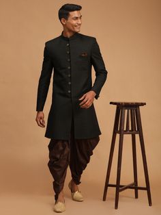 Vastramay mens black and coffee color texture pattern sherwani set Ceremonial Black Kurta With Naqshi Detailing, Ceremonial Black Kurta With Naqshi, Designer Black Kurta With Naqshi, Ceremonial Black Naqshi Traditional Wear, Designer Black Nehru Jacket With Traditional Drape, Black Fitted Bandhgala With Naqshi, Fitted Black Bandhgala With Naqshi Detailing, Designer Black Bandhgala With Naqshi Detailing, Designer Black Bandhgala With Naqshi