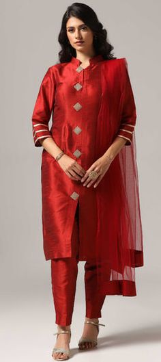 Red and Maroon color Salwar Kameez in Raw Silk fabric with Gota Patti, Lace, Stone work Red Straight Kurta With Dori Work, Red Salwar Kameez With Sheer Dupatta, Designer Red Kurta With Pallu, Red Anarkali Style Raw Silk Churidar, Red Raw Silk Kurta With Dori Work, Red Raw Silk Salwar Kameez With Sheer Dupatta, Designer Red Churidar With Sheer Dupatta, Red Kurta With Sheer Dupatta For Wedding, Red Lehenga With Straight Kurta And Dupatta