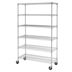 chrome wire shelving unit on wheels with four shelves and two casteors for storage