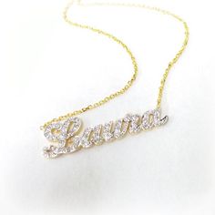 "Our Cutoff Date for Christmas delivery is Sunday Dec. 13, 2020 All Order placed after this date will be completed for mid January delivery. Personalized gold and diamond name necklace 1.25\" wide and about 1mm thick, made of solid 14k Yellow gold and Diamonds. The necklace suspends from a cable Link chain with 3 choices of length: 14\",16\", 18\" and 20\". The necklace can be made with the name of your choice up to 7 letters. A Great gift for Christmas Valentines, Birthday, Anniversary or any o Luxury Diamond White Diamond Necklace For Gift, Luxury Diamond White Diamond Necklace As Gift, Fine Jewelry Name Necklace With Diamond Accents, Luxury Diamond Pendant Name Necklace, Diamond White Engraved Necklace Gift, Anniversary Cubic Zirconia Nameplate Jewelry, Gold Cubic Zirconia Jewelry For Personalized Gifts, Engraved Diamond White Necklace For Gift, Personalized Gold Cubic Zirconia Jewelry