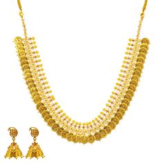 This unique 22k gold jewelry set is just what a woman needs to add a gleaming layer of gold to their looks for a special evening.The 22k yellow gold necklace and matching jhumka earrings have a ultra feminine style and appeal. The vibrant cubic zirconia, rubies, and cultural engravings add a regal feel to this dazzling set.Features• 22K Yellow Gold.• Rubies. • Cubic Zirconia.Specifications• Minimum Necklace Width - 2 millimeters • Maximum Necklace Width - 27 millimeters• Necklace Length - 22 inc Ultra Feminine Style, Gold Jewelry Set, 22k Gold Jewelry, Gold Jewelry Sets, Ultra Feminine, Yellow Gold Necklace, Jhumka Earrings, 22k Gold, Cz Stone