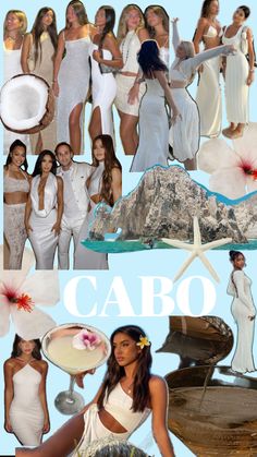 the collage shows many different women in white dresses and one has a starfish on her head