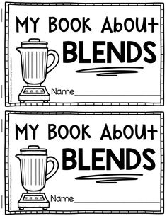 two book labels with the words, my book about blends and an image of a blender