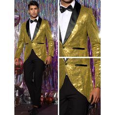 A sequined tuxedo is the go-to party wear option for those who want to be confident yet stylish. A sparkling sequined tuxedo will make you stand out from the crowd and become the center of attention. Pair a sequin tuxedo with trousers and a bow tie to create a stylish and handsome look. Sequin tuxedos are perfect for weddings, proms, parties, festivals and other special occasions. Lapel Wedding, Wedding Blazers, Floral Print Blazer, Long Overcoat, Sequin Blazer, Tuxedo Wedding, Mens Halloween Costumes, Printed Blazer, Tuxedos