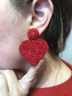 Large Heart earrings, Red pink heart clip on earrings, embroidered beaded Rebecca de Ravenel Statement jewelry, Oversized drop heart clip-on Heart Clip, Beaded Heart, Earrings Heart, Large Heart, Heart Shaped Earrings, Handmade Valentine, Friend Gifts, Valentines Day Gifts For Her, Earrings Red