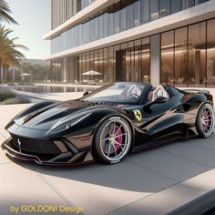 a black sports car parked in front of a tall building with palm trees on the side