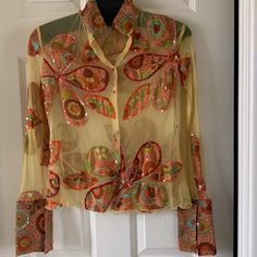 M.A . La Fuente Excellent Condition I Would Say Never Used It’s Just Doesn’t Have A Tag On It Brandy Melville Cardigan, Georgette Tunics, American Eagle Top, Black Floral Top, Frill Tops, Multi Pattern, Beaded Collar, Pleated Blouse, Flowy Tank Tops