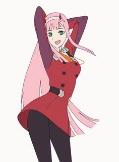 an anime character with pink hair and green eyes wearing a red coat, black pants and heels