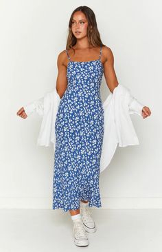 Delphine Blue Floral Midi Dress – Beginning Boutique US Fitted Summer Maxi Dress For Day Out, Blue Fitted Sundress For Summer, Light Blue Fitted Sundress For Summer, Chic Summer Maxi Dress For Brunch, Fitted Blue Sundress For Summer, Fitted Light Blue Sundress For Summer, Fitted Midi Dress For Summer Vacation, Blue Sundress For Summer, Light Blue Flowy Summer Dress