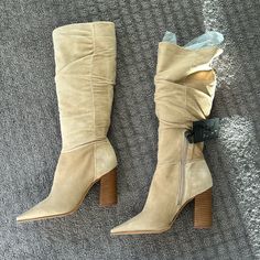 New Never Worn. Beige/Tan Color. Size 6 1/2 Beige Suede Boots With Wide Calf, Beige Suede Boots For Spring, Spring Boots With Suede Lining And Pointed Toe, Beige High Heel Boots With Suede Lining, Beige Closed Toe Boots With Suede Lining, Chic Beige Snip Toe Heeled Boots, Beige Snip Toe Heeled Boots For Spring, Spring Beige Snip Toe Heeled Boots, Chic Beige Heeled Boots With Snip Toe