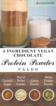 ingredients to make chocolate protein powder in a jar