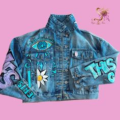 Custom Unique Hand-painted Denim Jacket,pink Panther, Daisies, Jungle, Evil Eyes - Etsy Hand Painted Blue Denim Jacket For Spring, Spring Hand Painted Blue Denim Jacket, Artistic Blue Denim Jacket For Spring, Artsy Cotton Denim Jacket For Spring, Trendy Cotton Denim Jacket With Custom Artwork, Spring Casual Denim Jacket With Custom Artwork, Casual Spring Denim Jacket With Custom Artwork, Artistic Fitted Denim Jacket For Spring, Spring Artistic Denim Jacket With Custom Artwork