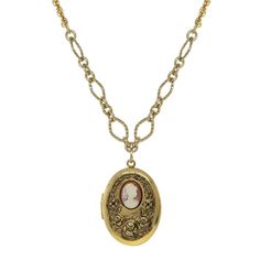 Gold Tone Carnelian Cameo with Flowers Oval Locket Necklace 16 Adj. Vintage Gold Locket Necklace With Lobster Clasp, Victorian Oval Necklaces With Antique Finish, Victorian Oval Necklace With Antique Finish, Elegant Antique Gold Oval Locket Necklace, Vintage Gold Locket Necklace With Oval Link, Vintage Gold Oval Link Locket Necklace, Classic Locket Necklace For Vintage Collection, Gold Oval Pendant For Vintage Collection, Gold Engraved Oval Cabochon Necklace