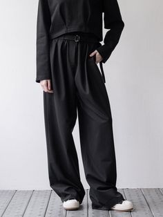 Composition : 80% polyester, 16% cotton, 4% rayonColor : blackCountry of Origin : China Cotton Workwear Bottoms With Belt, Casual High-waisted Pants With Belt Detail, Spring Wide Leg Pants With Belt Detail, Casual Workwear Pants With Belt, Chic Black Belted Wide Leg Pants, Belted Wide Leg Cotton Pants, Cotton Wide Leg Bottoms With Belt Detail, Casual Wide Leg Pants With Belt, Wide Leg Cotton Bottoms With Belt Detail