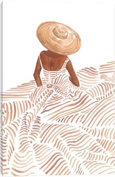 a drawing of a woman in a white dress and straw hat on top of waves