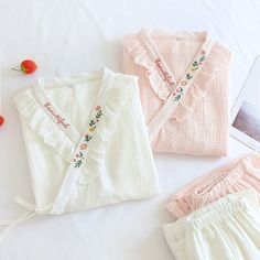 The Beautiful Printed Kimono Original Pajamas Cute Cotton Lounging Sets, White Spring Sleepwear For Home, Spring Cotton Sleepwear For Home, White Cotton V-neck Sleepwear, Summer Cotton Sleepwear For Home, Feminine Cotton Sleepwear Set, Feminine Cotton Sleepwear For Sleepover, Cute Cotton Sleepwear With Relaxed Fit, Cute Spring Sleepwear For Lounging