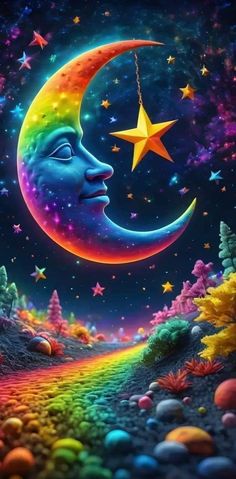 a painting of a man's face with the moon and stars in the sky