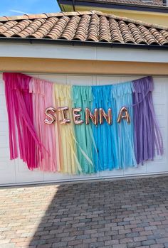 there is a rainbow streamer hanging on the garage door that says steeina