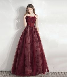 Maroon Dress Tulle, Cherry Red Prom Dress, Dark Academia Prom Dress, Prom Dresses Maroon, Maroon Prom Dress, Prom Dress A Line, Shen Wei, Prom Dress Burgundy, Tulle Long Prom Dress