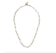 David Yurman's expert craftsmanship breathes new life into the timeless chain, showcasing sculptural links blending smooth and cabled textures for a modern update on a classic design. Sterling Silver and 18K Yellow Gold Length: 32 inch Toggle closure One only Great Condition - Estate piece. Luxury Figaro Chain Necklace With Rectangular Links, Luxury Figaro Chain Necklace With Oval Links, Luxury Figaro Chain Link Necklace, White Gold Figaro Link Chain Necklace, White Gold Figaro Chain Necklace With Rectangular Links, Modern Figaro Chain Necklace With Oval Links, Formal White Gold Necklaces With Hook And Links, Formal White Gold Necklace With Hook And Links, Formal White Gold Necklaces