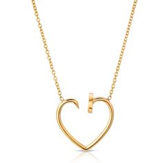 "We take commonly found objects for granted. To give these objects their proper respect, we forged a nail into a heart and casted it in 14-karat gold. The necklace shown here is our standard size, which is approximately 16 inches long and secured with a lobster clasp.  Perfect for wearing on its own as a statement piece. Available in your choice of yellow gold, white gold, or rose gold. *      14k recycled gold *      Approximate dimensions: .77\" W x .79\" H *      This piece will arrive with our signature jewelry gift box *      This piece is painstakingly handcrafted and made to order *      Made in Los Angeles, CA" Minimalist Yellow Gold Open Heart Jewelry, 14k Gold Open Heart Polished Jewelry, 14k Gold Open Heart Jewelry With Polished Finish, Gold Open Heart Necklace Stamped 14k, Yellow Gold Open Heart Necklace With Polished Finish, Polished 14k Gold Open Heart Jewelry, Gold Stamped 14k Open Heart Necklace, Yellow Gold Open Heart Necklace With Adjustable Chain, 14k Gold Open Heart Necklace