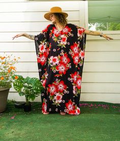 Embrace the essence of summer with our Hibiscus Floral Boho Kaftan Dress. This handmade kaftan, ideal for beachwear, loungewear, and as a swimsuit cover-up, captures the tropical Hawaiian vibe. Crafted from premium rayon, it promises comfort and style in equal measure.  Features ‣ Boho/Hippie/Hawaiian/Beach/Tropical Theme: Perfect for a relaxed, stylish look suitable for various occasions. ‣ Loose Fit: Designed to provide maximum comfort with a relaxed fit. ‣ Adjustable Rope: Features an adjustable rope around the waist to customize the fit. ‣ One Size Fits Most: Suitable for US Women's sizes M-3XL, offering versatility and comfort. ‣ Premium Rayon Fabric: Breathable and comfy for all-day wear. Generous Measurements: ‣ Bust: Fits 60"-90" ‣ Length of Dress: 55" ‣ Width of Dress: 45" ‣ Ident Hawaiian Dresses For Beach Holiday Season, Hawaiian Holiday Dress For Beach Season, Hawaiian Holiday Dresses For Beach Season, Hawaiian Holiday Beach Dresses, Tropical Short Sleeve Kaftan For Vacation, Tropical Style Short Sleeve Kaftan For Vacation, Red Short Sleeve Swimwear For Beach, Red Short Sleeve Swimwear For The Beach, Hawaiian Floral Print Beach Cover-up