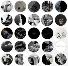 black and white photograph of various circular images